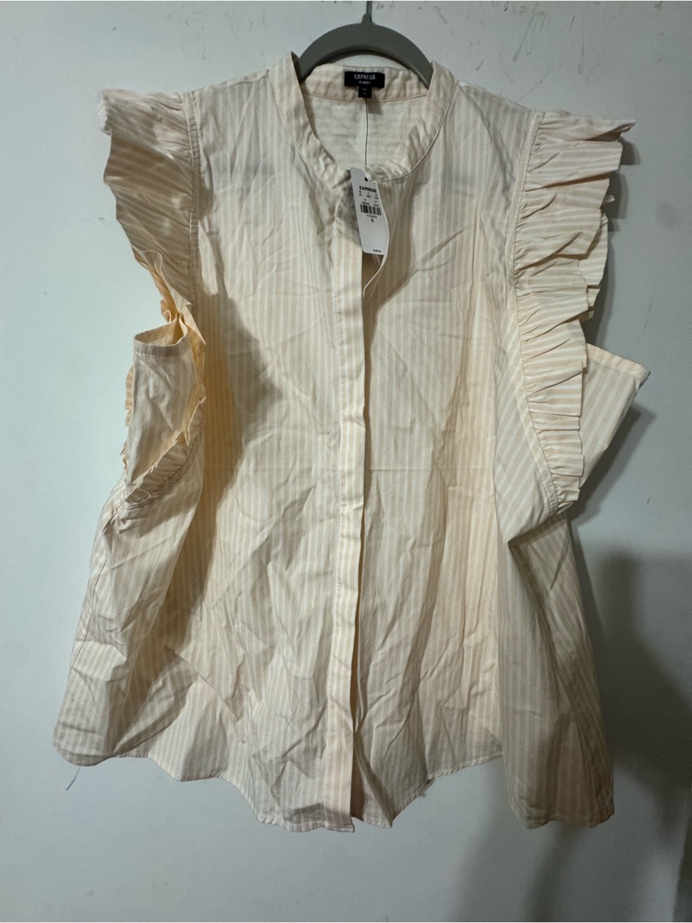 Express Cream Ruffle Cap-Sleeve Button Front Top - Picture 2 of 8